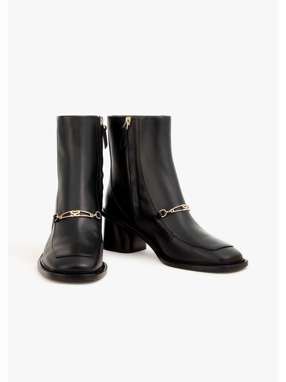 Sandro Black Leather Ankle Boots with Gold Chain Accent